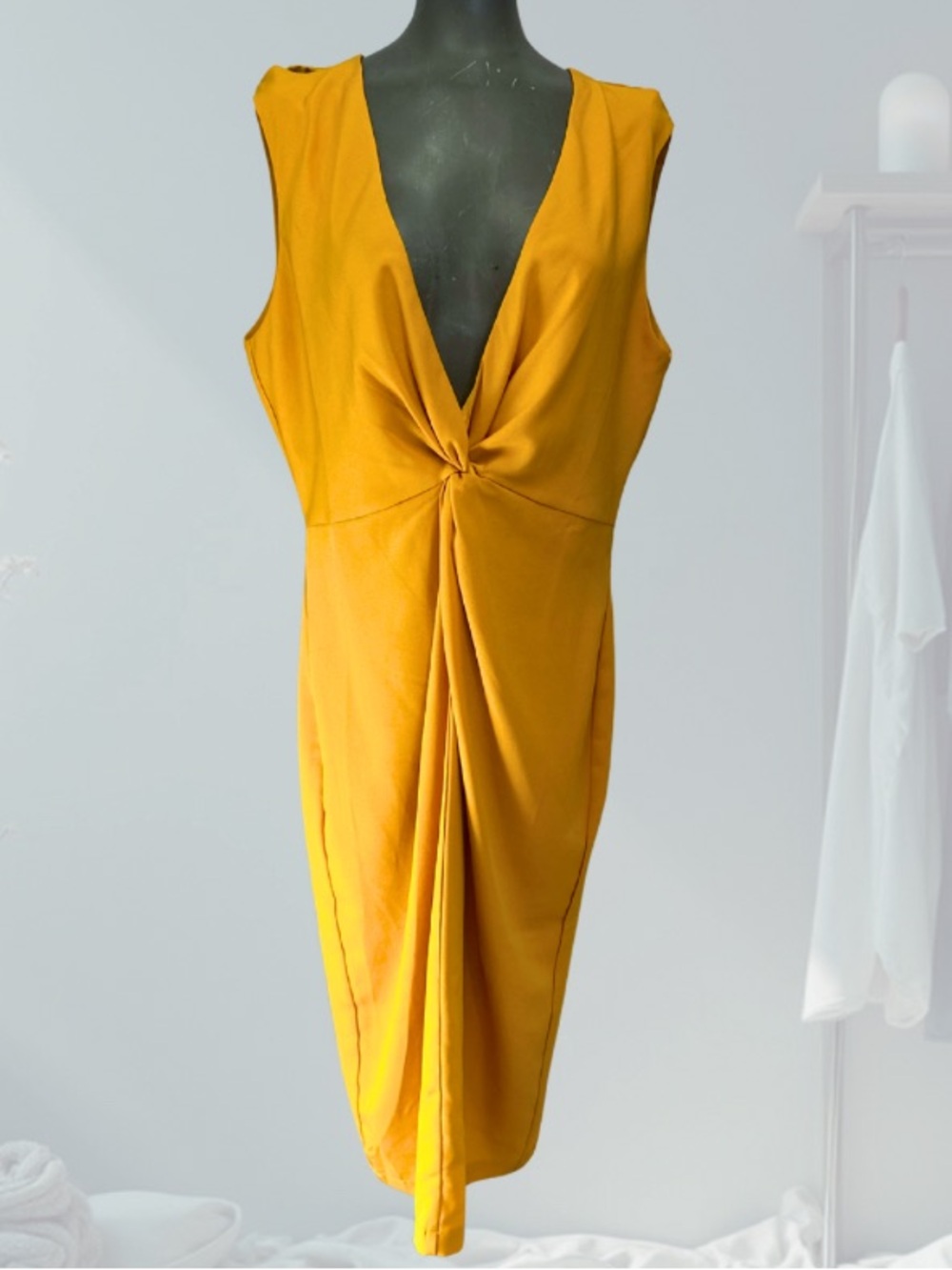 Andrea Iyamah Mustard Twist-Front Midi Dress